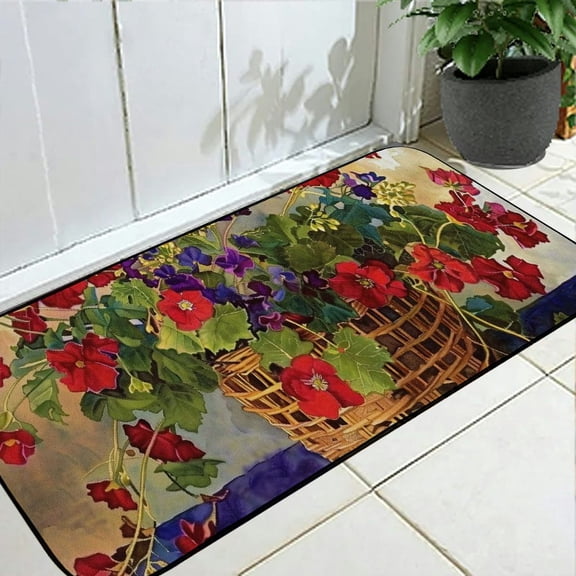 PHYHOO Geranium Basket Decorative Floor Mat Floral Colorful Red Flower Doormat Outdoors/Indoor/Bathroom/Kitchen/Bedroom/Entryway Floor Mats 19.68*47.24 in