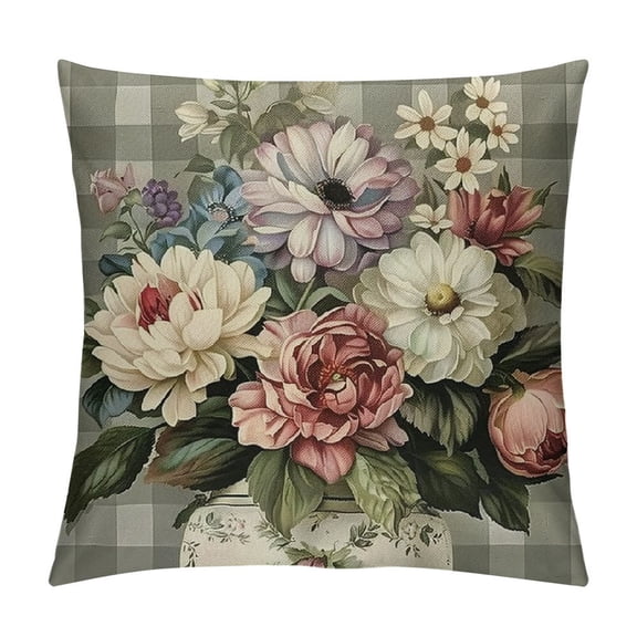 PHYHOO Gray Farmhouse Spring Summer Pillow Covers Buffalo Plaid Flower Peony Truck Bloom Pillows Decorative Quote Throw Pillows Pillowcase Decorations Farmhouse Decor for Home Decor