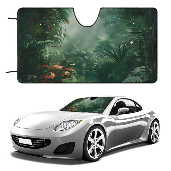 PHYHOO Green Palm Leaves Print Car Windshield Sunshade, Foldable Auto Front Window Sun Shade,Sun Blocker for Car Windshield Reflects Heat and UV Rays 51x28in