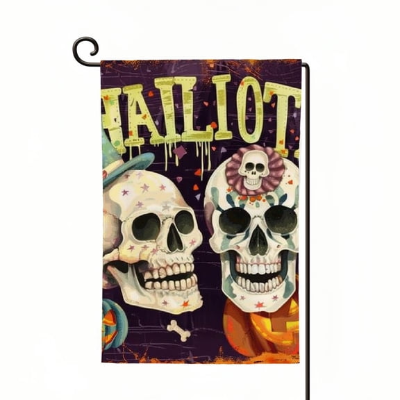 PHYHOO Halloween Happy Skull Garden Flag Double Sided Burlap Welcome Yard House Flags Holiday Outdoor Decoration -D White