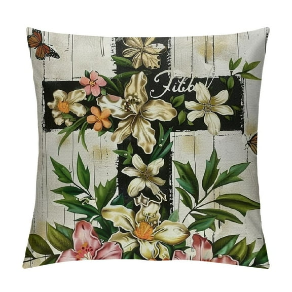 PHYHOO Happy Easter Bunny Wreath Decorative Throw Pillow Covers, Religious Cross Rabbit Outdoor Home Decor, Flowers Butterfly Couch Cushion Case White