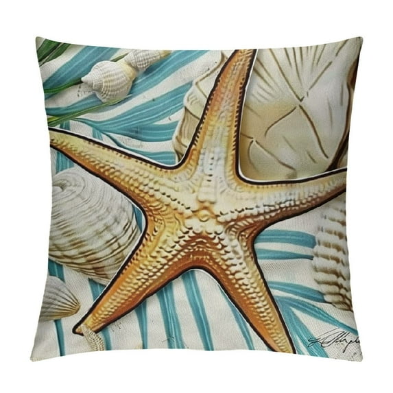 PHYHOO Hello Summer Beach Coastal Decorative Throw Pillow Cover, Starfish Porch Outdoor Home Decor, Sea Ocean Seasonal Couch Cushion Case White