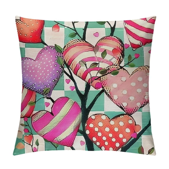 PHYHOO Hello Valentine Love You More Eucalyptus Leaves Pink Throw Pillow Covers, Buffalo Plaid Polka Dot Stripes Love Hearts Cushion Case Decoration for Sofa Couch