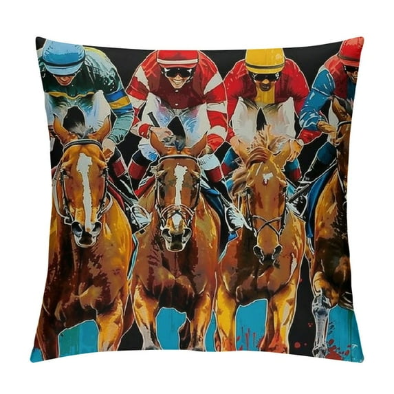 PHYHOO Horse Racing Decorative Throw Pillow Covers, Porch Outdoor Home Decor, Red Black Farmhouse Couch Cushion Case White
