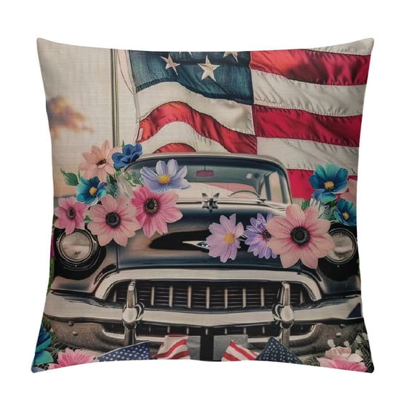 PHYHOO Independence Day American Flag Pillow Covers Patriotic Buffalo Plaid Flowers Blooming Throw Pillow Case Farmhouse Decorative Cushion Cover for Sofa White