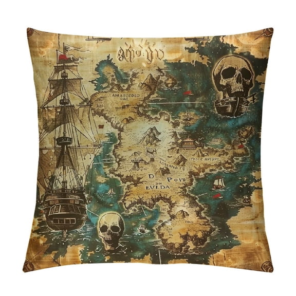 PHYHOO Island Map Throw Pillow Cushion Cover, Super Detailed Grungy Rustic Secret Sea History Theme, Decorative Square Accent Pillow Case, Beige Brown White