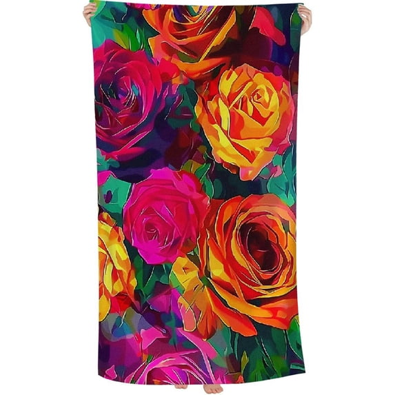 PHYHOO Kids Bath/Pool/Beach Towel, Colorful Roses Oversized Quick Dry Microfiber Beach Towel Flowers Painted Lightweight Sand Free Towel Super Soft &amp; Absorbent for Travel Swimming Sports 30x60in