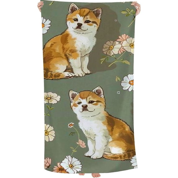 PHYHOO Large Beach Towel, Cartoon Shiba Inu Dog Flower Sand Free Microfiber Beach Towel, Absorbent Quick Dry Camping Yoga Towel for Swimming Pool, Picnic, Yoga, Gym 30x60in