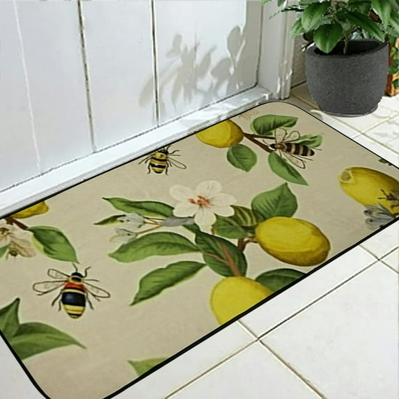 PHYHOO Lemon Plant Flowers Bee Kitchen Rug Yellow Lime Orange Slices Fruit Floor Comfort Mats Bath Rugs Entryway Welcome Non Slip Area Rug for Bedroom Living Room Doormats Home Decor 19.68*47.24 in