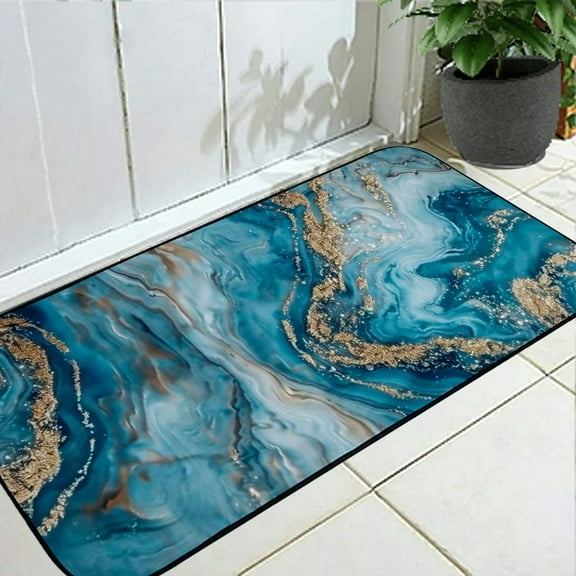 PHYHOO Marble Kitchen Rugs Abstract Blue Texture Gold Modern Ink Art Decor Kitchen Floor Mat Cushioned Padded Comfort Standing Runner Rugs 19.68*47.24 in