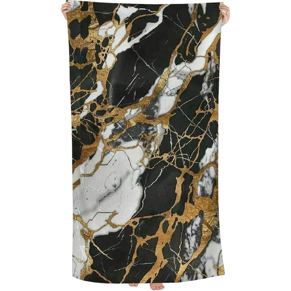 PHYHOO Marble Texture Oversized Quick Dry Microfiber Beach Towel Black Gold Texture Lightweight Sand Free Towel Super Soft &amp; Absorbent for Travel Swimming Sports 30x60in
