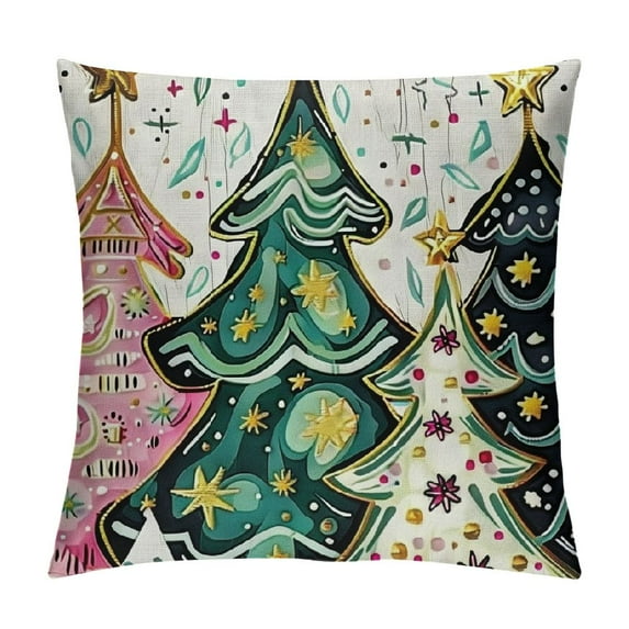 PHYHOO Merry Christmas Decorative Throw Pillow Covers, Xmas Tree Snowman Pink Outdoor Home Decor, Stripes Holiday Cushion Case White