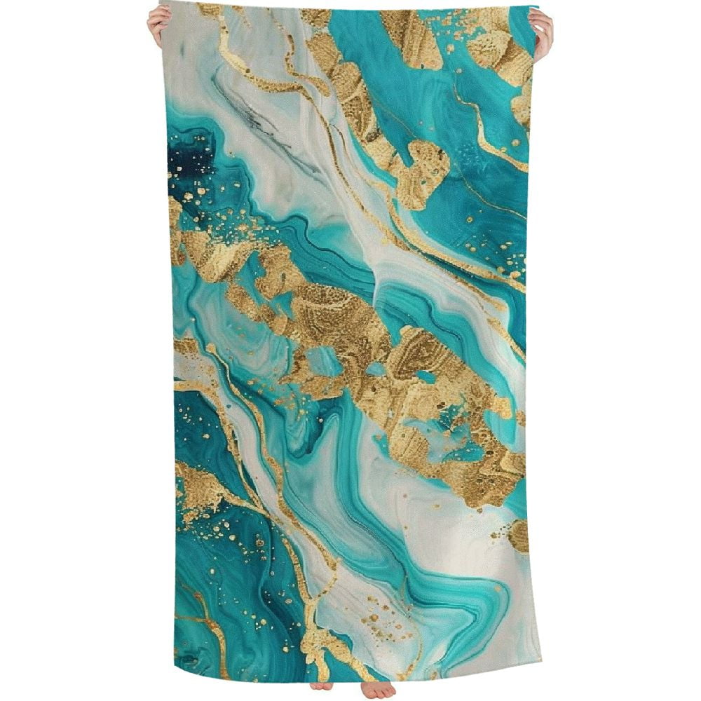 PHYHOO Modern Teal Turquoise Gold Foil Marble Microfiber Sand Free Beach Towel Oversized Quick Dry Absorbent for Pool Swimming Bathroom Beach Towel 30x60in