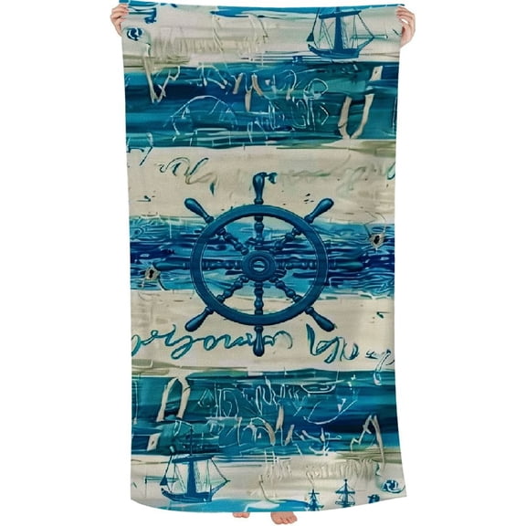 PHYHOO Nautical Anchor Oversized Quick Dry Microfiber Beach Towel Letter Pattern Lightweight Sand Free Towel Super Soft & Absorbent for Travel Swimming Sports 30x60in