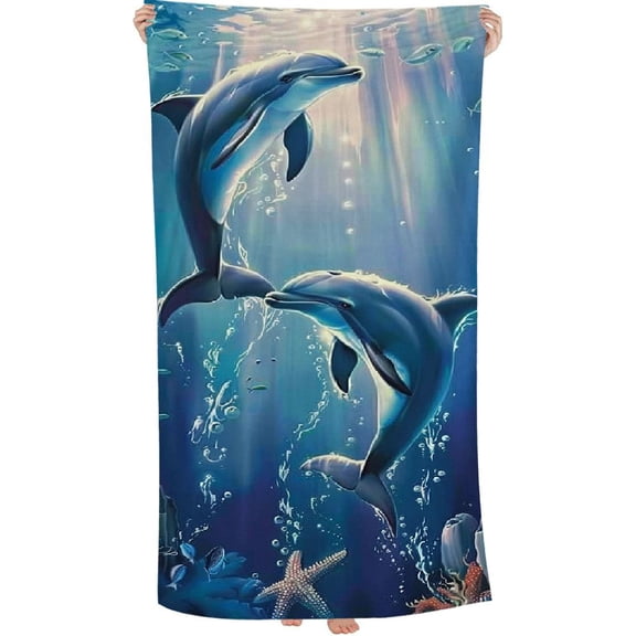 PHYHOO Ocean Dolphins Oversized Quick Dry Microfiber Beach Towel Sea Dolphins Lightweight Sand Free Towel Super Soft & Absorbent for Travel Swimming Sports 30x60in
