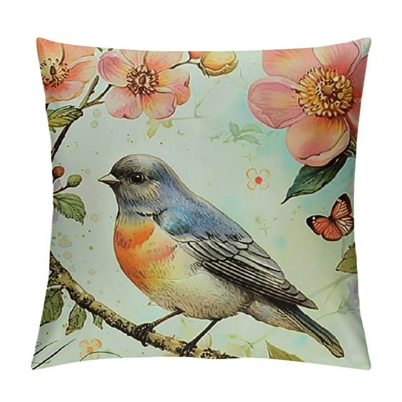 PHYHOO Outdoor Bird Decorative Throw Pillowcase, Bird Flower Both Sides Printed Spring Cushion  Linen Patio for Home Couch Sofa Decor