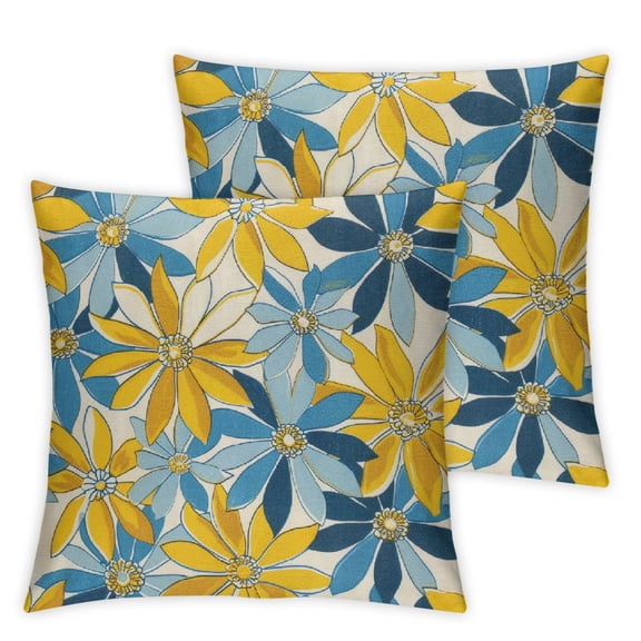 PHYHOO Outdoor Waterproof Pillow Covers Set of 2,Yellow and Blue Flower Colored Decorative Throw Pillow Cases for Patio 12x12in
