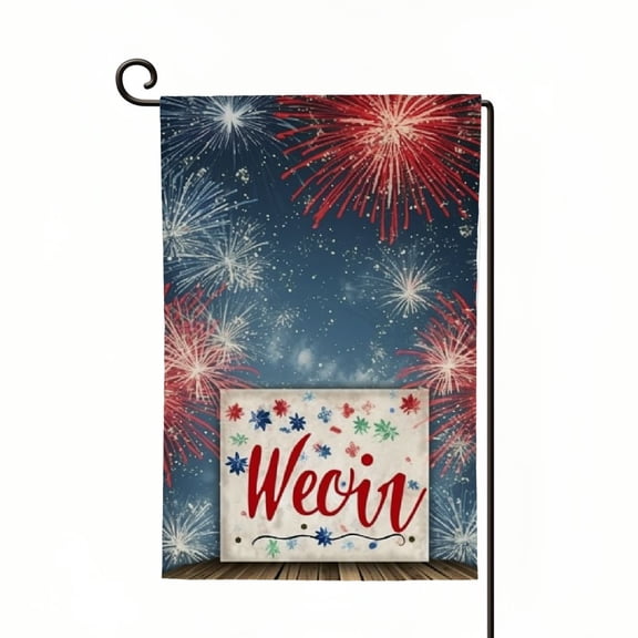 PHYHOO Patriotic Fireworks Garden Flag Double Sided Outside, Red and Blue Stars Welcome Yard Outdoor Decoration White