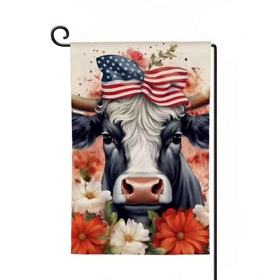 PHYHOO Patriotic Highland Cow Garden Flag for Outside Decorations Double Sided Moorica Floral American Farm Cow Funny Yard Porch Flag Memorial Day Independence Day Farmhouse Decor White