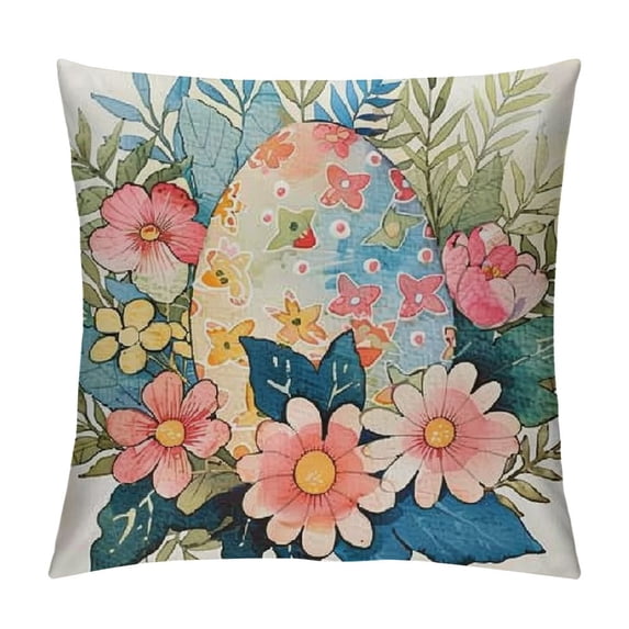 PHYHOO Pillow Cover, Striped Floral Eggs Decorative Farmhouse Throw Pillowcases for Home Sofa Couch Decoration (Blue)