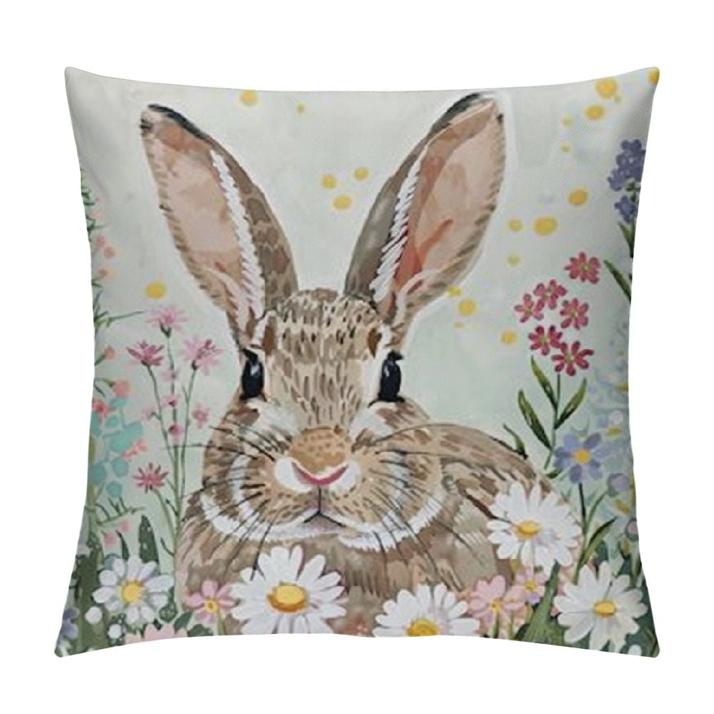 PHYHOO Pillow Covers, Floral Rabbits Bunny Hello Peeps Farmhouse