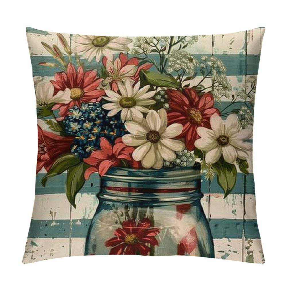 PHYHOO Pillow Covers Grey Stripe Patriotic Flower Star Stripes Let