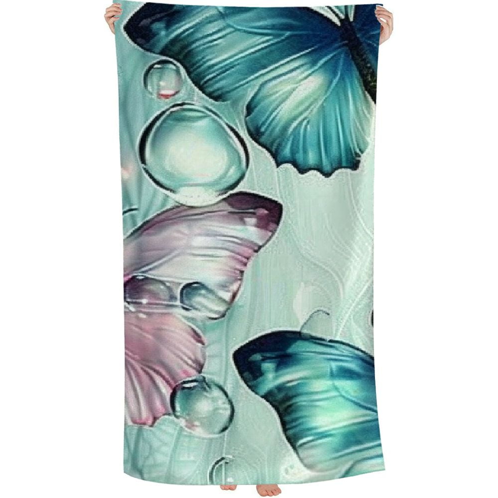 PHYHOO Pink Green Butterflies Beach Towel, Absorbent Quick Dry Swimming