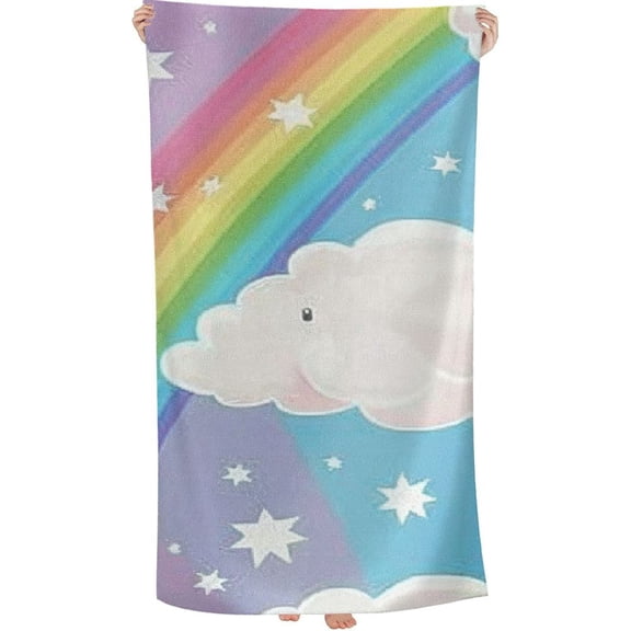 PHYHOO Pink Rainbow Beach Towel Microfiber Quick Dry Bath Cute Cloud Cartoon Big Towels Soft Lightweight Pool Rainbows Oversized Towels Sand Free Travel Swimming Decor Gifts for Kids Adults 30x60in