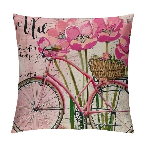 PHYHOO Pink Tulips Bicycle Throw Pillow Covers, Flowers Spring Mother's Day Cushion Case for Sofa Couch