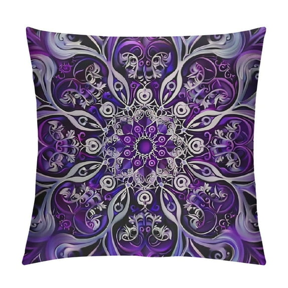 PHYHOO Purple Mandala Throw Pillow Cushion Cover, Round Tibetan Healing Image, Decorative Square Accent Pillow Case, Purple and White