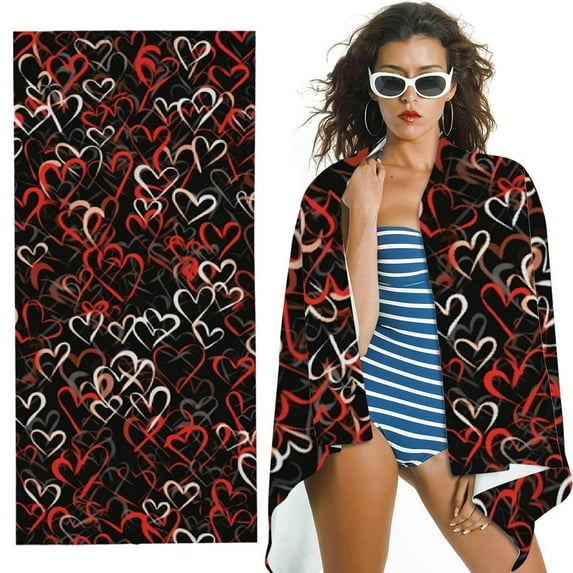 PHYHOO Red White Heart Pattern Microfiber Sand Free Beach Towel Oversized Quick Dry Absorbent for Pool Swimming Bathroom Beach Towel 30x60in