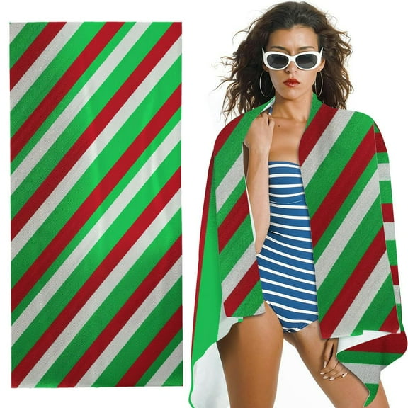 PHYHOO  Red and Green Stripes Microfiber Sand Free Beach Towel Oversized Quick Dry Absorbent for Pool Swimming Bathroom Beach Towel 30x60in