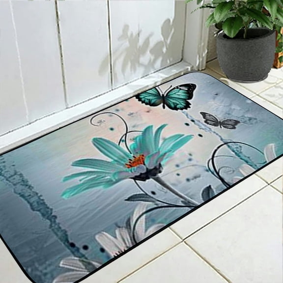 PHYHOO Rustic Farmhouse Bath Mat, Farm Teal Daisy Floral Flowers Butterfly Country Wooden Bath Rug for Bathroom, Turquoise Blue Bath Mat Soft Non Slip Bath Rugs Teal 19.68*47.24 in