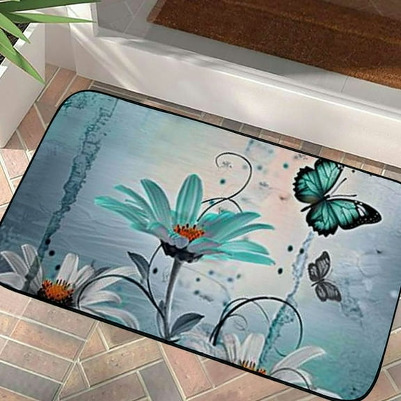PHYHOO Rustic Farmhouse Bath Mat, Farm Teal Daisy Floral Flowers Butterfly Country Wooden Bath Rug for Bathroom, Turquoise Blue Bath Mat Soft Non Slip Bath Rugs Teal 19.68*39.37 in