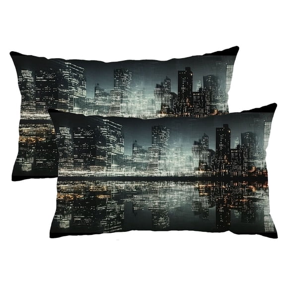 PHYHOO Set of 2 New York Night City Landscape Throw Pillow Cover Rise Building Reflection Square Throw Waist Pillow Case Decorative Cushion Cover Pillowcase Sofa Lumbar 12x20 Inches 12x20inch
