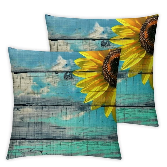 PHYHOO Set of 2 Sunflower Rustic Yellow Teal Floral Flower On Country Wooden Plank Decorative Throw Pillow Covers Square Home Sofa Indoor Decor Cushion Cover 12x12in