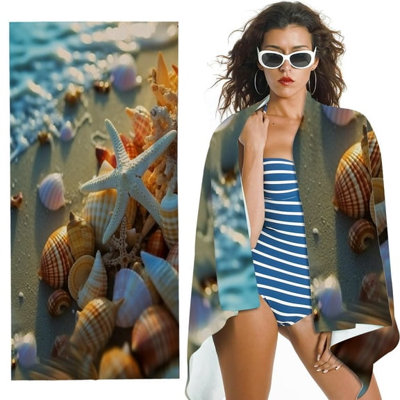 PHYHOO Shells Starfish Sand Free Microfiber Beach Towel Lightweight Oversized Quick Dry for for Swimming, Pool, Camping, Yoga, Traveling Essentials Accessories Vacation Stuff 30x60in