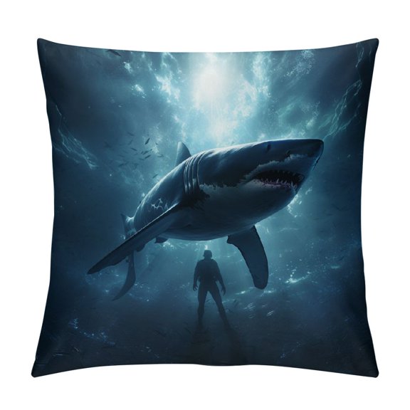 PHYHOO Short Plush Pillow Case Covers, Ocean Blue Sea Floating Sharks Soft and Cozy Sofa Cushion Cover with Invisible Zipper for Bedroom, Living Room