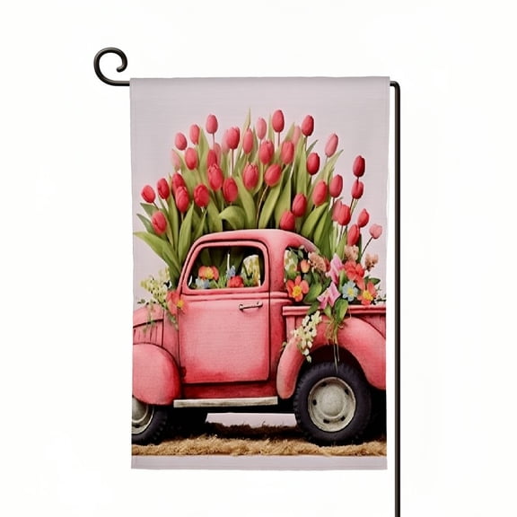 PHYHOO Spring Decorative Love Valentine's Day Small Garden Flag Tulips Flower Double Sided Welcome Quote, House Red Truck Burlap Yard Decoration, Seasonal Outdoor Décor Flag White