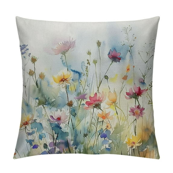 PHYHOO Spring Summer Floral Throw Pillow Covers Colorful Wildflower Outdoor Pillows Cover Watercolor Flowers Rustic Farmhouse Linen Decorative Cushion Case for Couch Bed Decor