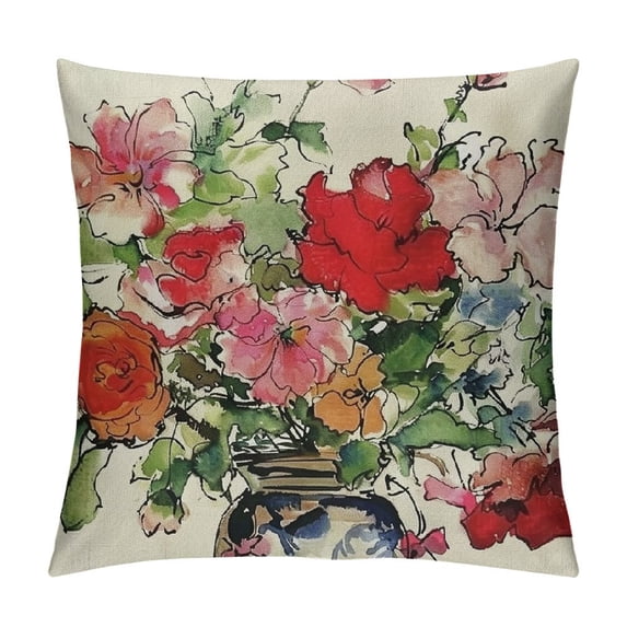PHYHOO Spring Summer Flowers Decorative Throw Pillow Cover, Pink Red Floral , Farmhouse Cushion White