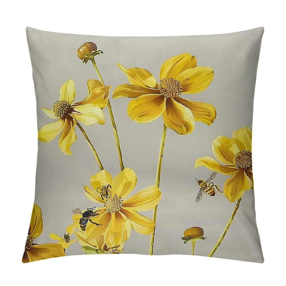 PHYHOO Spring Summer Throw Pillow Covers Yellow Flowers Coreopsis Bee Decorative Pillow Cases