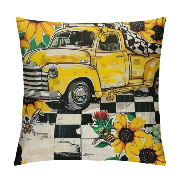 PHYHOO  Summer Hello Sunshine Bee Truck Buffalo Plaid Throw Pillow Covers,  Summer Cushion Case for Sofa Couch