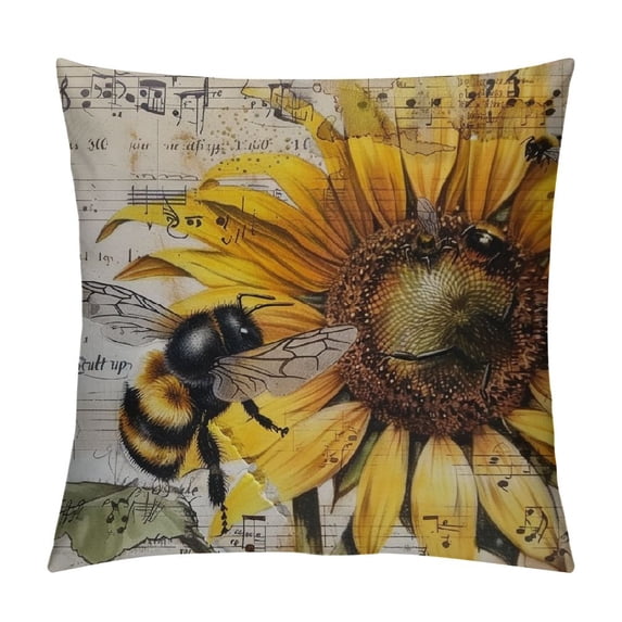 PHYHOO Summer Vintage Sunflower Pillow Cover – Rustic Aesthetic with Bee and Antique Music Sheet Detail, Ideal for Living Room and Bedroom Decor White