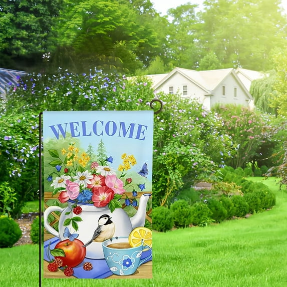 PHYHOO Teatime Spring Flag Double Sided Spring Garden Flag for Outdoor House Flower Flag Yard Decoration 12x18in