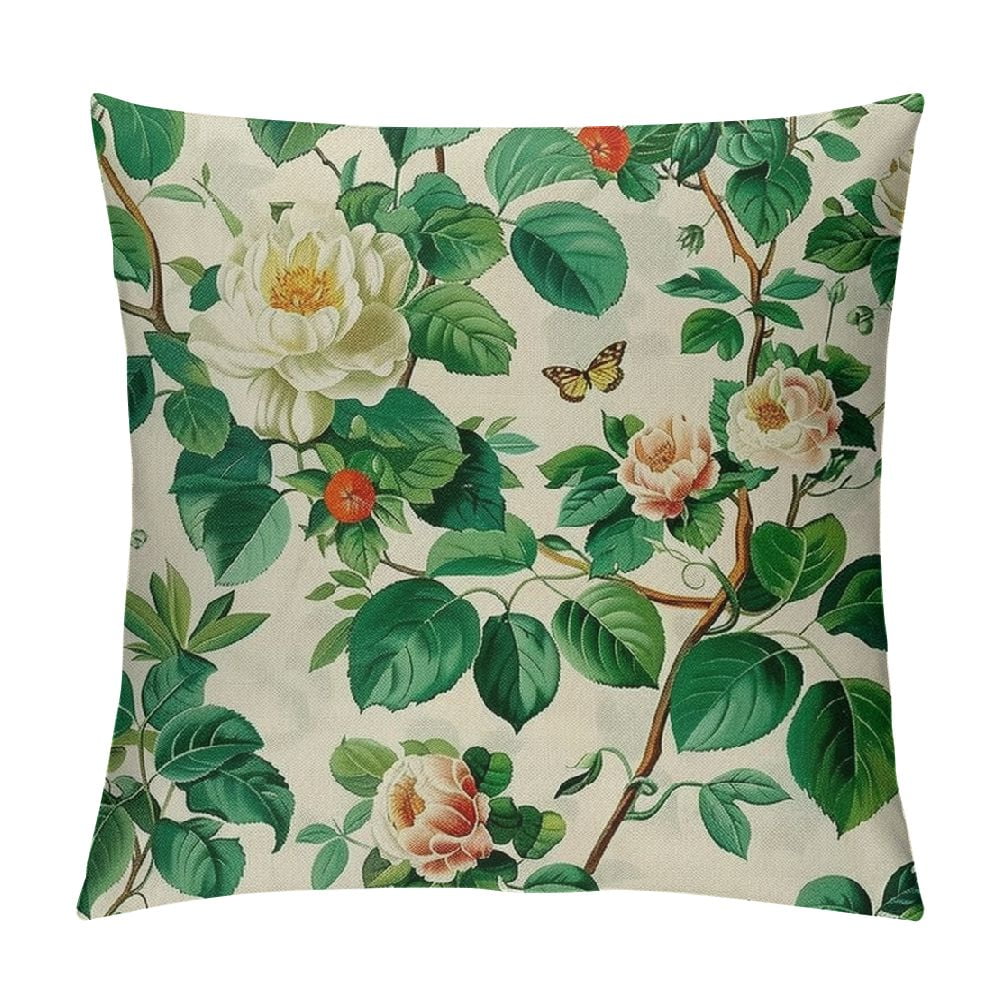 PHYHOO Vintage Floral Throw Pillow Covers Flower Butterfly Green ...
