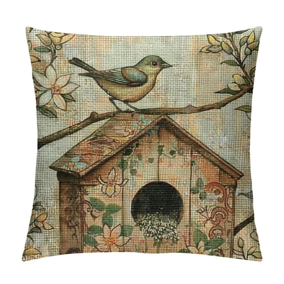 PHYHOO Vintage Flower with Birds Nest Decorative Throw Pillow Covers Linen Farmhouse Pillow Cases Cushion Covers Toss Throw Pillowcase for Living Room/Couch/Bed (Bird Floral Nest) White