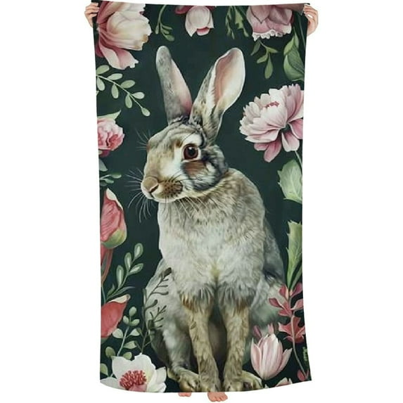 PHYHOO Watercolor Rabbit Pattern with Flowers Beach Towels Watercolor Easter Rabbit Bunny Bath Shower Towel Microfiber Sand Free Thin Quick Fast Dry Super Absorbent 30x60in