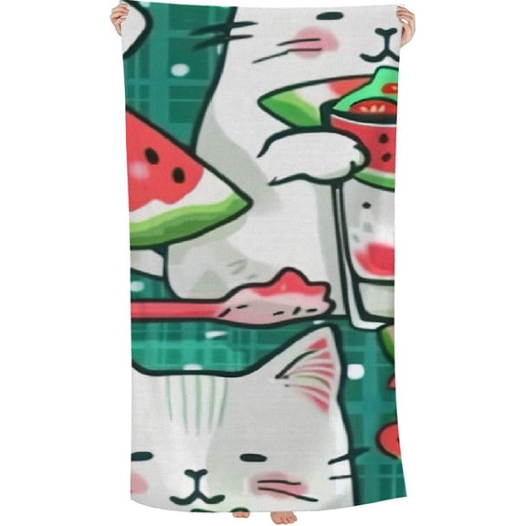 PHYHOO Watermelon Beach Towel Microfiber Quick Dry Bath Cute Cat Mermaid Eating Melon Big Towels Soft Lightweight Pool Oversized Towels Sand Free Travel Swimming Decor Gifts for Kids Adults 30x60in