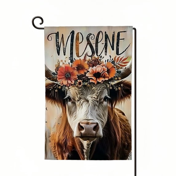 PHYHOO Welcome Fall Garden Flags for Outside Decorations, Thanksgiving Highland Cow with Flowers Maple Leaves Small Yard Flag, Autumn Seasonal Farmhouse Holiday Outdoor Decor White